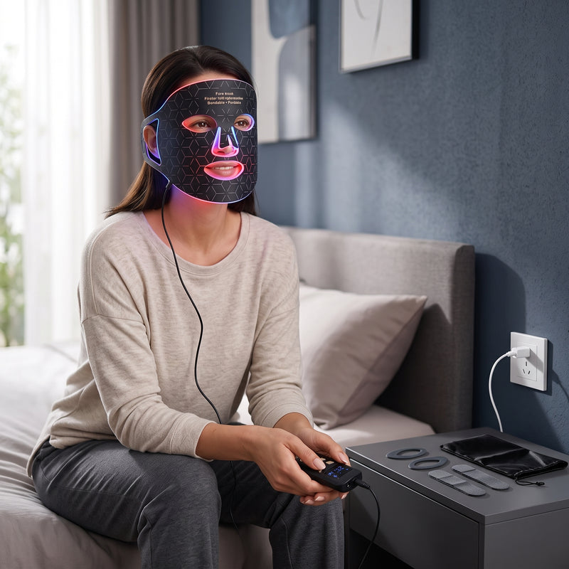 A woman wearing a modern 4-color LED light therapy mask while relaxing in a bright, contemporary bedroom.