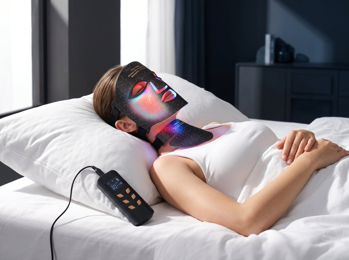A woman relaxing in a modern bedroom wearing a 4-color LED facial mask for skin rejuvenation.