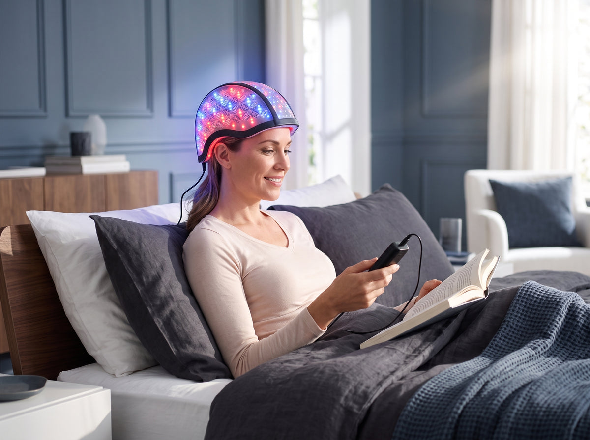 A woman wearing an LED hair therapy cap to stimulate follicle growth while relaxing in a modern home bedroom setting.