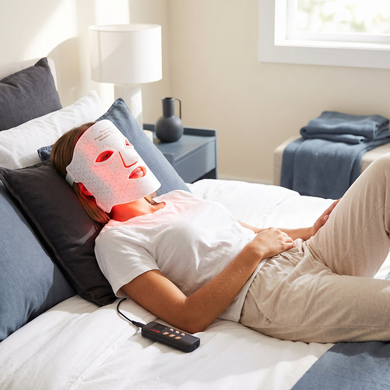 Woman relaxing in a modern bedroom wearing a 4-color LED light therapy mask for professional skincare.