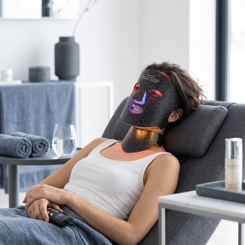 Woman wearing a 4-color LED light therapy mask while relaxing on a chair in a bright, modern home.