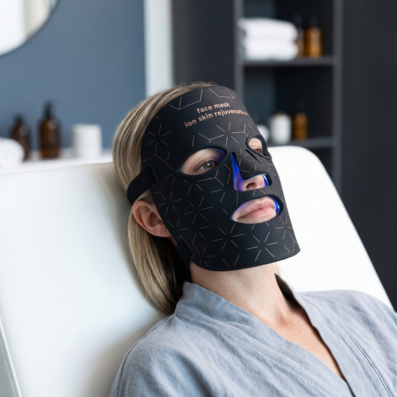 A woman wearing a sleek 4-color LED mask while relaxing in a modern, professional home spa setting.